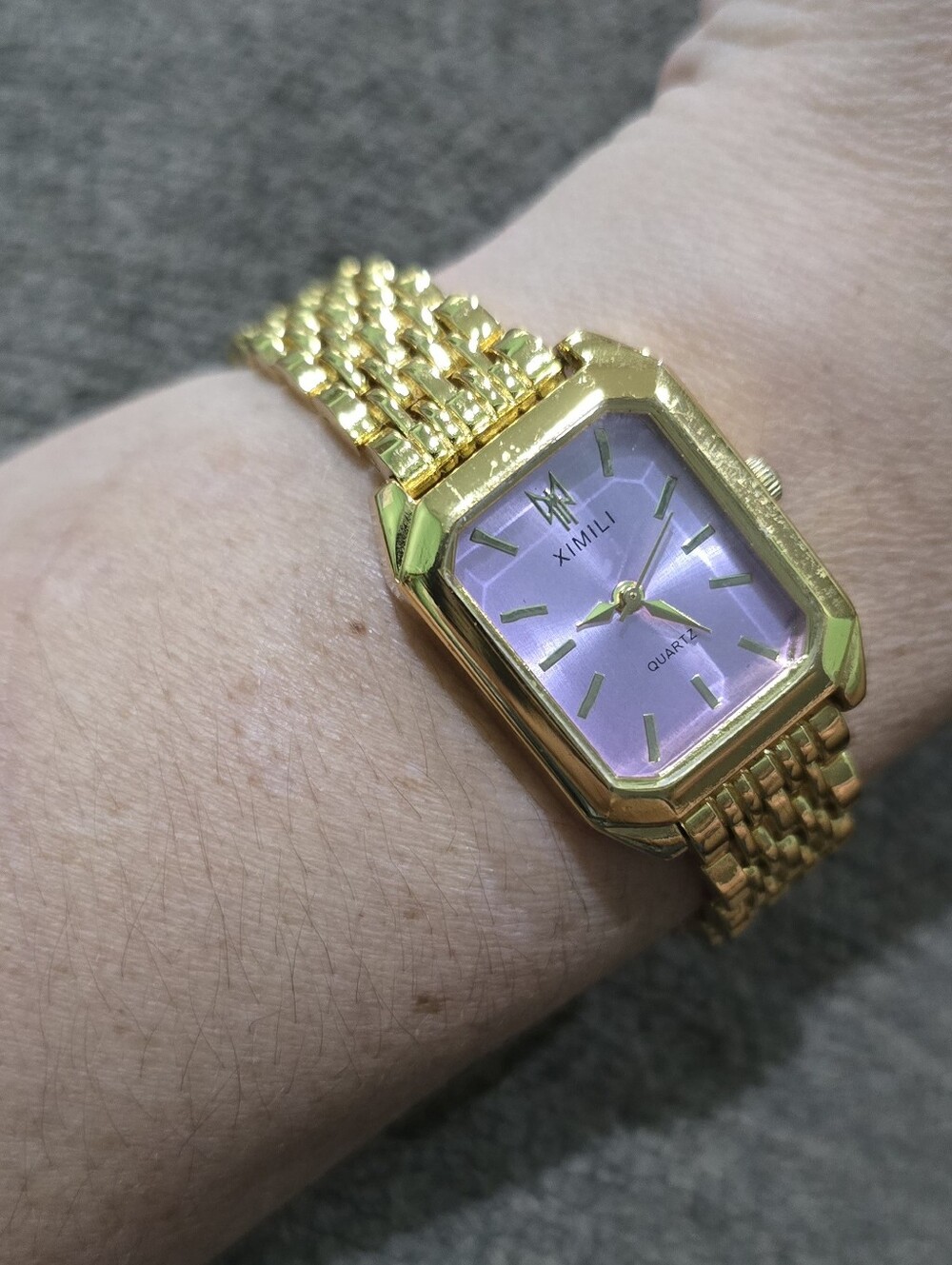 ​Ximili Gold Lavender Purple Face Rectangular Link Watch Art Deco Style